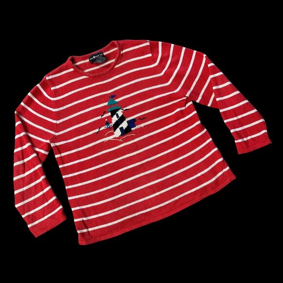 Sag Harbor Sweaters - Vintage Striped Lighthouse Sweater XL 1990s Sag Harbor Red White Kitsch Nautical